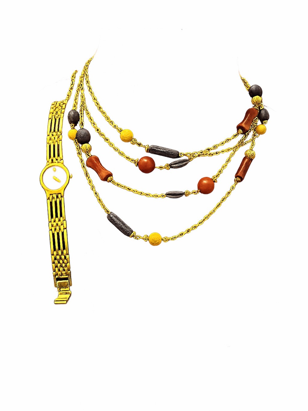 Gold-Tone Layered Bead Necklace with Matching Gold Watch (Movado)